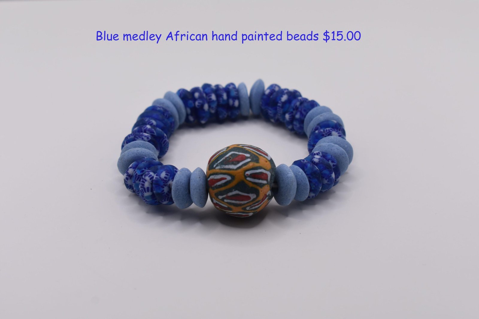 Blue Medley African Hand Painted Beads Bracelet